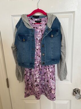 Floral Lavender Dress with Denim Hooded Jacket